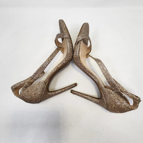 Jessica Simpson Gold Glitter Stiletto Ankle Strap Heels Size 10 M Open Toe - Picture 8 of 10